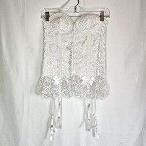 Corset Lingerie Top Ribbed White Lace Bows Bridal padded with Garters Small